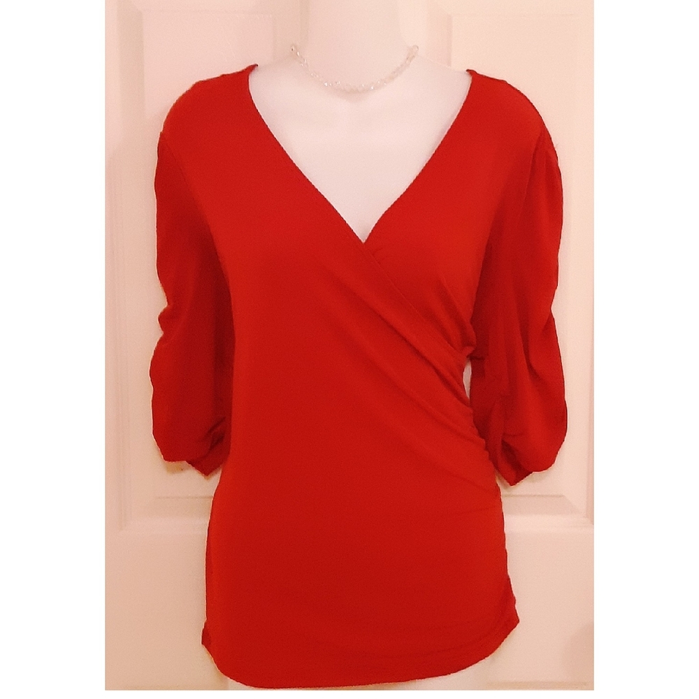 Red Faux Wrap Style Ruched Sleeve Blouse